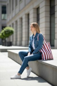 Gestreepte shopper bruin-lichtblauw