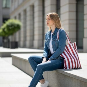 Gestreepte shopper bruin-lichtblauw